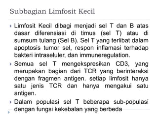 Subbagian Limfosit Kecil 
 Limfosit Kecil dibagi menjadi sel T dan B atas 
dasar diferensiasi di timus (sel T) atau di 
sumsum tulang (Sel B). Sel T yang terlibat dalam 
apoptosis tumor sel, respon inflamasi terhadap 
bakteri intraseluler, dan immuneregulation. 
 Semua sel T mengekspresikan CD3, yang 
merupakan bagian dari TCR yang berinteraksi 
dengan fragmen antigen. setiap limfosit hanya 
satu jenis TCR dan hanya mengakui satu 
antigen. 
 Dalam populasi sel T beberapa sub-populasi 
dengan fungsi kekebalan yang berbeda 
 