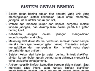 SISTEM GETAH BENING 
 Sistem getah bening adalah fitur anatomi yang unik yang 
memungkinkan sistem kekebalan tubuh untuk memantau 
jaringan untuk infeksi dan mutan sel, 
 limfosit dan monosit keluar dari kapiler, bergerak melalui 
lapisan jaringan, dan dikumpulkan dalam pembuluh getah 
bening kecil. 
 Kehadiran antigen dalam jaringan mengaktifkan 
imunokompeten makrofag, 
 Makrofag aktif ditransfer ke pembuluh semakin besar sampai 
mereka mencapai kelenjar getah bening. Presentasi antigen 
mengaktifkan dan memperluas klon limfosit yang dapat 
bereaksi dengan antigen. 
 Setelah keluar dari kelenjar getah bening, limfosit diaktifkan 
pindah ke pembuluh getah bening yang akhirnya mengalir ke 
vena subklavia dekat jantung. 
 Antigen spesifik limfosit kemudian beredar dalam darah. Saat 
mencapai situs infeksi atau kanker, limfosit diaktifkan 
meninggalkan kapiler untuk me-mount respon imun dalam 
 
