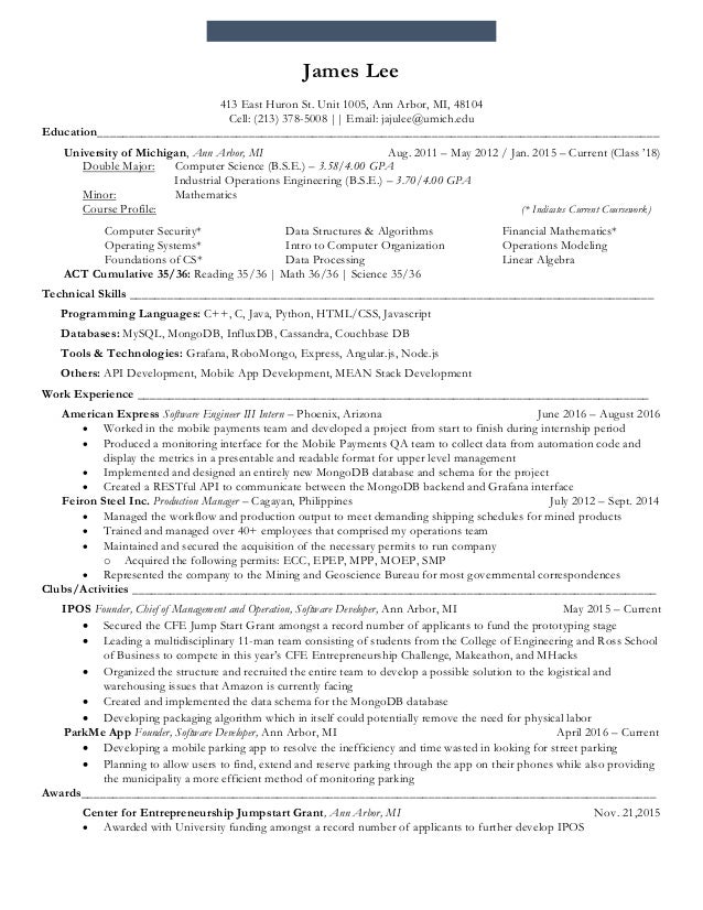 James Lee 39 s Resume University - James Lees Resume University Of Michigan 1 638
