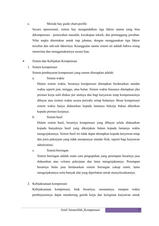 e.

Metode hay guide chart-profile
Secara operasional, sistem hay mengandalkan tiga faktor utama yang bisa
dikompensasi : pemecahan masalah, kecakapan teknik, dan pertanggung jawaban.
Nilai angka ditentukan untuk tiap jabatan, dengan menggunakan tiga faktor
tersebut dan sub-sub faktornya. Keunggulan utama sistem ini adalah bahwa orang
menerima dan menggunakannya secara Iuas.

•

Sistem dan Kebijakan Kompensasi
1. Sistern kompensasi
Sistem pembayaran kompensasi yang umum diterapkan adalah:
a.

Sistem waktu
Dalam sistem waktu, besarnya kompensasi ditetapkan berdasarkan standar
waktu seperti jam, minggu, atau bulan. Sistem waktu biasanya ditetapkan jika
prestasi kerja sulit diukur per unitnya dan bagi karyawan tetap kompensasinya
dibayar atas sisitem waktu secara periodic setiap bulannya. Besar kompensasi
sistem waktu hanya didasarkan kepada lamanya bekerja bukan dikaitkan
kepada prestasi kerjanya.

b.

Sistem hasil
Dalam sistem hasil, besarnya kompensasi yang dibayar selalu didasarkan
kepada banyaknya hasil yang dikerjakan bukan kepada lamanya waktu
mengerjakannya. Sistem hasil ini tidak dapat ditetapkan kepada karyawan tetap
dan jenis pekerjaan yang tidak mempunyai standar fisik, seperti bagi karyawan
administrasi.

c.

Sistem borongan
Sistem borongan adalah suatu cara pengupahan yang penetapan besarnya jasa
didasarkan atas volume pekerjaan dan lama mengerjakannya. Penetapan
besarnya balas jasa berdasarkan sistem borongan cukup rumit, lama
mengerjakannya serta banyak alat yang diperlukan untuk menyelesaikannya.

2. Kebijaksanaan kompensasi
Kebijaksanaan

kompensasi,

baik

besarnya,

susunannya,

maupun

waktu

pembayarannya dapat mendorong gairah kerja dan keinginan karyawan untuk

Arief Anzarullah_Kompensasi

5

 