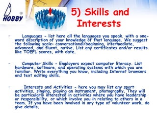  
                               5) Skills and
                                  Interests
•       Languages - list here all the languages you speak, with a one-
    word description of your knowledge of that language. We suggest
    the following scale: conversational/beginning, intermediate,
    advanced, and fluent, native. List any certificates and/or results
    like TOEFL scores, with date. 

•      Computer Skills - Employers expect computer literacy. List
    hardware, software, and operating systems with which you are
    familiar. Write everything you know, including Internet browsers
    and text editing skills. 

•        Interests and Activities - here you may list any sport
    activities, singing, playing an instrument, photography, They will
    be particularly interested in activities where you have leadership
    or responsibility, or which involve you in relating to others in a
    team. If you have been involved in any type of volunteer work, do
    give details.
 
