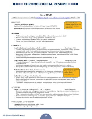 Job  Internship Guide • 14-15
Edward Pfaff
123 Main Street | Los Gatos, CA 95032 | EPfaff@berkeley.edu | www.linkedin.com/in/edwardpfaff/ | (408) 555-6757
	
  
EDUCATION
University of California, Berkeley
Bachelor of Arts, English, Minors in History of Art and French|GPA 3.79 Expected May 2015
Senior Thesis (in progress): Narrative Approaches in the Novels of Jane Austen
SUMMARY
• Well-honed research, writing and copyediting skills, with meticulous attention to detail
• Creative thinker who enjoys coming up with new and different ideas
• At home using Facebook, Linkedin, YouTube, Twitter and Pinterest
• Strong work ethic, with ability to work well under tight timelines
EXPERIENCE
Social Media Intern, SocialMedia.com, Hollywood, CA June-August 2014
• Assisted with all facets of outreach including building and maintaining social identities and keeping up-to-date
on social media trends. Performed internet research, target list creation, and database management
• Interacted regularly with core fans on message boards, video upload sites, and microblogging sites
• Contributed to the content and appearance of each account/profile and analyzed statistics and traffic of each
social media account
• Improved monthly Facebook page viewership and membership by 14%
Event Planning Intern, UC Berkeley Leadership Programs January-May 2014
• Worked with a team of 5 to plan Spring Conference attended by over 300 students; enhanced professional
networking skills
• Coordinated, managed and hosted Lunch with Leaders symposium attended by over 125 students.
• Designed and implemented creative marketing strategy, including press releases and local advertising
Production Intern, Media Match, San Francisco, CA June-August 2013
• Evaluated prospective clients and talent agencies for commercial and industrial film projects
• Scheduled and coordinated auditions and interviews for performers and technical staff
Cashier  Server, Yogurt Park, Berkeley, CA July-Nov 2013
• Served frozen yogurt, handled cash transactions, stocked yogurt machines, and maintained store cleanliness
• Delivered efficient and courteous customer service, addressed customer complaints and helped resolve
employee conflicts
• Trained new employees how to use machines, serve yogurt and interact positively with customers
ACTIVITIES
Editor, Cal Literature  Arts Magazine (CLAM), UC Berkeley Sept 2014-present
• Contribute to design, copy editing and production of bi-annual journal of poetry, prose and artwork comprised
of submissions from undergraduate and graduate students
• Meet weekly with other editors and staff to review submissions and timelines, and plan events and fundraisers
• Publicize events to community using social media, flyers, posters, and ticket sales on campus
• Initiated advertisement sales as an additional source of revenue
OTHER SKILLS AND INTERESTS
Languages: Competent in written and spoken French
Interests: Drawing and painting landscapes
32
Using significant numbers
helps emphasise the
impact of your
accomplishments
CHRONOLOGICAL RESUME
You can include your
LinkedIn profile link; be sure
information is consistent
with resume.
32
 