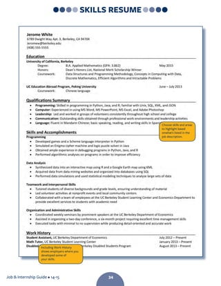 Job  Internship Guide • 14-15 34
SKILLS RESUME
Choose skills and areas
to highlight based
onwhat's listed in the
job description.
Including Work History
shows employers where you
developed some of
your skills.
34
 