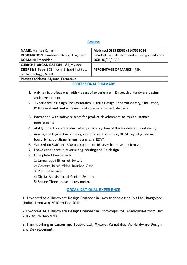 Embedded hardware design engineer sample resume