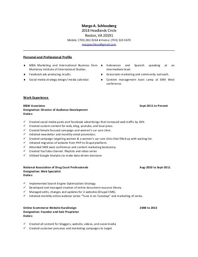 Resume Margo Schlossberg Digital Marketing Social Media