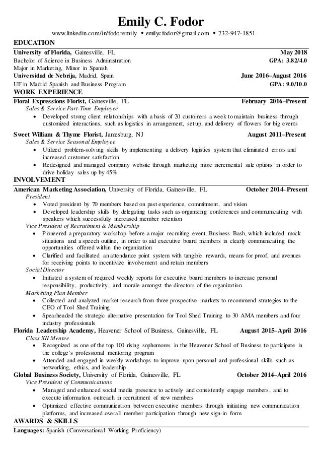 Uf Resume Template - Resume Emily Fodor Uf 1 638 