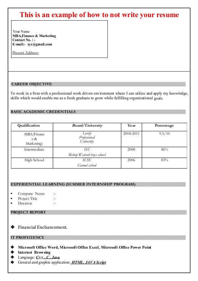 Latest Resume Format For Mba Freshers 2012 Download Top 5 Resume Format For Freshers Free Download