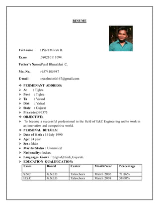 RESUME 
Full name : Patel Mitesh B. 
Er.no :080210111094 
Father’s Name:Patel Bharatbhai C. 
Mo. No. :9574105987 
E-mail :patelmitesh167@gmail.com 
 PERMENANT ADDRESS: 
 At : Tighra 
 Post : Tighra 
 Ta : Valsad 
 Dist : Valsad 
 State : Gujarat 
 Pin code:396375 
 OBJECTIVE: 
 To become a successful professional in the field of E&C Engineering and to work in 
an innovative and competitive world. 
 PERSONAL DETAILS: 
 Date of birth : 16 July 1990 
 Age: 24 year 
 Sex : Male 
 Marital Status : Unmarried 
 Nationality : Indian. 
 Languages known : English,Hindi,,Gujarati. 
 EDUCATION QUALIFICATION: 
Exam 
Board Center Month/Year Percentage 
S.S.C G.S.E.B Talavchora March 2006 71.86% 
H.S.C G.S.E.B Talavchora March 2008 58.00% 
 
