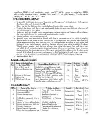 3/5
model was G3616 of each production capacity was 3871 kW & rest one set model was G3516
which production capacity was 1040 kW. There was 11/33 kV, 35 MVA power Transformer in
switch yard. I left SPCL on 28/02/2005.
My Responsibility in SPCL:
 Responsible for the safe & economic “Operation and Management” of the plant as a shift engineer
(In-charge of the shift designated shift).
 Before starting the shift operation, checked all machineries of the power plant.
 To check log book, shift diary what was happed during the previous shift and what type of
corrective measures were taken.
 During my shift, any trouble came, such as engine, radiator, transformer, breaker, LT switchgear,
that time initiated corrective measures & have to solve the trouble.
 Monitoring Spare parts, inventory control.
 Normally power plant was run in grid mode with the grid system parameters, if grid system failed,
then according to our power station capacity, one by one generator were started according local
utility requirements, that time generator was run by island mode according to local utility load
demand. If power plant frequency was lower that time informed local utility to cut their few load.
When frequency was very high that time informed local utility to increased their load. It was very
much difficult job to maintain system frequency because of less power (not larger power produce),
always monitor the system parameters. When grid was ready, then all generator breakers were
opened. Grid voltage & frequency were imported by 11kV switchgear through power transformer
and one by one generator were synchronized with imported 11 kV, national grid frequency.
 Maintained shift dairy.
Educational Achievement:
Sl.
No.
Name of the Certificate
Or Exam Title
Name of Board or University
Passing
year
Division
or Class
Result
or CGPA
1. B.Sc in Electrical &
Electronic Engineering
Dhaka University of Engineering &
Technology (DUET), www:duet.ac.bd
Former Name was Bangladesh
Institute of Technology (BIT), Dhaka
2001
First
Class
3.31
out
of 4
2. Diploma in Electrical
Engineering
Comilla Polytechnic Institute under
BTEB, www:bteb.gov.bd
1994
First
Division
72.90%
3. SSC in Science Group Govt. Laboratory High School under
Comilla, www.comillaboard.gov.bd
1991
First
Division
65.90%
Training Summary:
Sl.No. Name of the Course Training Institute Country Duration Year
1. Environmental Impact
Assessment (EIA)
Power Cell Power Division,
MoPEMR
Bangladesh 3 Days 2015
2. Project Management Bangladesh Institute of
Management
Bangladesh 1 Week 2015
3. Public Procurement & Reform
Project
IMED, Ministry of Planning
Bangladesh 2 Weeks 2014
4. Design of Tower & Foundation M/s. KEC Ltd., India Bangladesh 2 Weeks 2013
5. Project Management Skills for
Projects Engineers
National Academy for
Planning and Development
Bangladesh 2 Weeks 2012
6. Group Training Course in
Electrical System Engineering
Tohoko Electric Power
Company
Japan 5 Weeks 2009
 