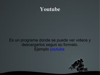 Youtube Es un programa donde se puede ver videos y descargarlos segun su formato. Ejemplo  youtube   