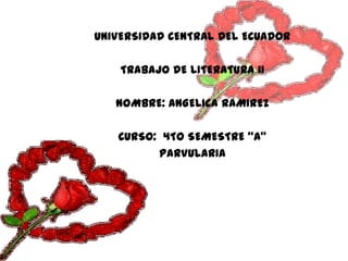 UNIVERSIDAD CENTRAL DEL ECUADOR TRABAJO DE LITERATURA II NOMBRE: ANGELICA RAMIREZ CURSO:  4TO SEMESTRE “A” PARVULARIA 