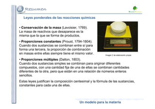 Leyes ponderales de las reacciones químicas


• Conservación de la masa (Lavoisier, 1789).
La masa de reactivos que desaparece es la
misma que la que se forma de productos.
• Proporciones constantes (Proust, 1794-1804).
Cuando dos sustancias se combinan entre sí para
forma una tercera, la proporción de combinación
en masas entre ellas siempre tiene el mismo valor.         Imagen 2 de elaboración propia

• Proporciones múltiples (Dalton, 1803).
Cuando dos sustancias simples se combinan para originar diferentes
compuestos, con una cantidad fija de una de ellas se combinan cantidades
diferentes de la otra, pero que están en una relación de números enteros
sencillos.
Estas leyes justifican la composición centesimal y la fórmula de las sustancias,
constantes para cada una de ellas.




                                         Un modelo para la materia
 