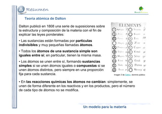 Teoría atómica de Dalton

Dalton publicó en 1808 una serie de suposiciones sobre
la estructura y composición de la materia con el fin de
explicar las leyes ponderales:
• Las sustancias están formadas por partículas
indivisibles y muy pequeñas llamadas átomos.
• Todos los átomos de una sustancia simple son
iguales entre sí; en particular, tienen la misma masa.
• Los átomos se unen entre sí, formando sustancias
simples si se unen átomos iguales o compuestas si se
unen átomos distintos, pero siempre en una proporción
fija para cada sustancia.                                    Imagen 3 de Dalton, dominio público


• En las reacciones químicas los átomos no cambian: simplemente, se
unen de forma diferente en los reactivos y en los productos, pero el número
de cada tipo de átomos no se modifica.



                                         Un modelo para la materia
 