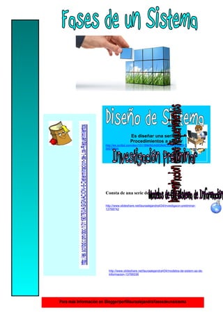 Es diseñar una serie de
                                           Procedimientos a seguir
                         http://es.scribd.com/doc/101169450/ASIGNACION-6DISENO-DEL-
                         SISTEMA




                         Consta de una serie de pasos a Seguir

                         http://www.slideshare.net/lauraalejandra434/investigacin-preliminar-
                         13768742




                           http://www.slideshare.net/lauraalejandra434/modelos-de-sistem-as-de-
                           informacion-13769338




Para más Información en Blogger/perfillauraalejandra/fasesdeunsistema
 