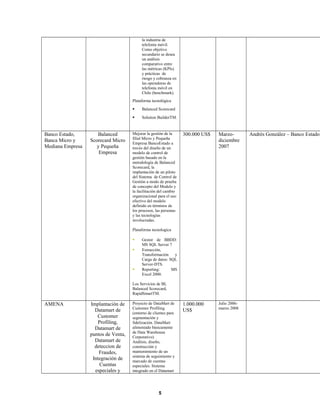 la industria de
telefonía móvil.
Como objetivo
secundario se desea
un análisis
comparativo entre
las métricas (KPIs)
y prácticas de
riesgo y cobranza en
las operadoras de
telefonía móvil en
Chile (benchmark).
Plataforma tecnológica
 Balanced Scorecard
 Solution BuilderTM.
Banco Estado,
Banca Micro y
Mediana Empresa
Balanced
Scorecard Micro
y Pequeña
Empresa
Mejorar la gestión de la
filial Micro y Pequeña
Empresa BancoEstado a
través del diseño de un
modelo de control de
gestión basado en la
metodología de Balanced
Scorecard, la
implantación de un piloto
del Sistema de Control de
Gestión a modo de prueba
de concepto del Modelo y
la facilitación del cambio
organizacional para el uso
efectivo del modelo
definido en términos de
los procesos, las personas
y las tecnologías
involucradas.
Plataforma tecnologica
 Gestor de BBDD:
MS SQL Server 7
 Extracción,
Transformación y
Carga de datos: SQL
Server-DTS.
 Reporting: MS
Excel 2000.
Los Servicios de BI,
Balanced Scorecard,
RapidSmartTM.
300.000 US$ Marzo-
diciembre
2007
Andrés González – Banco Estado
AMENA Implantación de
Datamart de
Customer
Profiling,
Datamart de
puntos de Venta,
Datamart de
deteccion de
Fraudes,
Integración de
Cuentas
especiales y
Proyecto de DataMart de
Customer Profiling
(entorno de clientes para
segmentación y
fidelización. DataMart
alimentado básicamente
de Data Warehouse
Corporativo)
Análisis, diseño,
construcción y
mantenimiento de un
sistema de seguimiento y
marcado de cuentas
especiales. Sistema
integrado en el Datamart
1.000.000
US$
Julio 2006-
marzo 2008
5
 