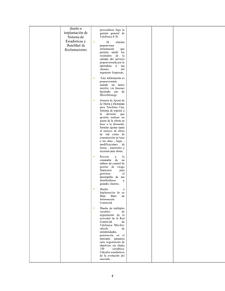 diseño e
implantación de
Sistema de
Estadisticas y
DataMart de
Reclamaciones
proveedores bajo la
gestión general de
Telefónica I+D.
 El sistema
proporciona
información que
permite medir los
resultados de la
calidad del servicio
proporcionada por la
operadora a sus
clientes del
segmento Empresas.
 Esta información es
proporcionada
usando un único
interfaz vía Internet
haciendo uso de
MicroStrategy.
 Sistema de Ajuste de
la Oferta y Demanda
para Telefonía Fija,
Sistema de soporte a
la decisión que
permite realizar un
ajuste de la oferta en
base a la demanda.
Permite ajustar tanto
el numero de obras
de red como de
conmutación en base
a las altas , bajas ,
modificaciones de
líneas , materiales y
recursos para obras.
 Proveer a la
compañía de un
tablero de control de
gestión de riesgo
financiero para
gestionar el
desempeño de sus
distribuidores y
grandes clientes.
 Diseño e
Implantación de un
Data Mart de
Información
Comercial
 Diseño de múltiples
variables de
seguimiento de la
actividad de la Red
Comercial de
Telefonica Móviles:
cálculo de
rentabilidades,
penetración en el
mercado, ganancia
neta, seguimiento de
objetivos, etc (hasta
150 variables).
Cálculos estadísticos
de la evolución del
mercado.
7
 
