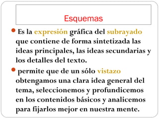Esquemas
Es la expresión gráfica del subrayado

que contiene de forma sintetizada las
ideas principales, las ideas secundarias y
los detalles del texto.
permite que de un sólo vistazo
obtengamos una clara idea general del
tema, seleccionemos y profundicemos
en los contenidos básicos y analicemos
para fijarlos mejor en nuestra mente.

 