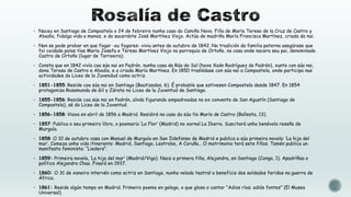  Naceu en Santiago de Compostela o 24 de febreiro nunha casa do Camiño Novo. Filla de María Teresa de la Cruz de Castro y

Abadía, fidalga vida a menos, e do sacerdote José Martínez Viojo. Actúa de madriña María Francisca Martínez, criada da nai.

 Non se pode probar en que fogar -ou fogares- viviu antes de outubro de 1842. Na tradición da familia paterna asegúrase que

foi coidada polas tías María Josefa e Teresa Martínez Viojo na parroquia de Ortoño, na casa onde nacera seu pai, denominada
Castro de Ortoño (lugar de Tarroeira).

 Consta que en 1842 vivía coa súa nai en Padrón, nunha casa da Rúa do Sol (hoxe Xoán Rodríguez do Padrón), xunto con súa nai,

dona Teresa de Castro e Abadía, e a criada María Martínez. En 1850 trasládase con súa nai a Compostela, onde participa nas
actividades do Liceo de la Juvendud como actriz.

 1851-1855: Reside coa súa nai en Santiago (Bautizados, 6). É probable que estivesen Compostela desde 1847. En 1854

protagoniza Rosamunda de Gil y Zárate no Liceo de la Juventud de Santiago.

 1855-1856: Reside coa súa nai en Padrón, aínda figurando empadroadas no ex convento de San Agustín (Santiago de

Compostela), sé do Liceo de la Juventud.

 1856-1858: Viaxa en abril de 1856 a Madrid. Residirá na casa da súa tía María de Castro (Ballesta, 13).
 1857: Publica o seu primeiro libro, o poemario „La Flor‟ (Madrid) no xornal La Iberia. Suscitará unha benévola reseña de

Murguía.

 1858: O 10 de outubro casa con Manuel de Murguía en San Ildefonso de Madrid e publica a súa primeira novela: „La hija del

mar‟. Comeza unha vida itinerante: Madrid, Santiago, Lestrobe, A Coruña… O matrimonio terá sete fillos. Tamén publica un
manifesto feminista: “Lieders”.

 1859: Primeira novela, „La hija del mar‟ (Madrid/Vigo). Nace a primera filla, Alejandra, en Santiago (Conga, 1). Apadríñaa o

político Alejandro Chao. Finará en 1937.

 1860: O 31 de xaneiro intervén como actriz en Santiago, nunha velada teatral a beneficio dos soldados feridos na guerra de

África.

 1861: Reside algún tempo en Madrid. Primeiro poema en galego, o que glosa o cantar “Adios ríos; adiós fontes” (El Museo

Universal).

 