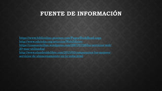 FUENTE DE INFORMACIÓN
https://www.biblionline.pearson.com/Pages/BookRead.aspx
http://www.eduteka.org/articulos/Web20Intro
https://cosassencillas.wordpress.com/2007/07/26/los-servicios-web-
20-mas-utilizados/
http://www.elandroidelibre.com/2015/03/comparativa-los-mejores-
servicios-de-almacenamiento-en-la-nube.html
 