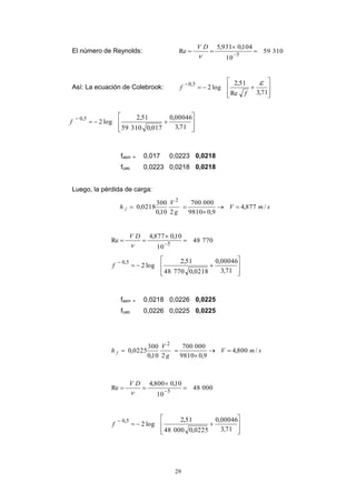 29
El número de Reynolds: 31059
10
104,0931,5
Re 5


 
DV
Así: La ecuación de Colebrook:
ú
ú
û
ù
ê
ê
ë
é


71,3Re
51,2
log2
5,0 
f
f
ú
ú
û
ù
ê
ê
ë
é


71,3
00046,0
017,031059
51,2
log2
5,0
f
fasm = 0,017 0,0223 0,0218
fcalc 0,0223 0,0218 0,0218
Luego, la pérdida de carga:
smV
g
V
h f /877,4
9,09810
000700
210,0
300
0218,0
2



77048
10
10,0877,4
Re 5


 
DV
ú
ú
û
ù
ê
ê
ë
é


71,3
00046,0
0218,077048
51,2
log2
5,0
f
fasm = 0,0218 0,0226 0,0225
fcalc 0,0226 0,0225 0,0225
smV
g
V
h f /800,4
9,09810
000700
210,0
300
0225,0
2



00048
10
10,0800,4
Re 5


 
DV
ú
ú
û
ù
ê
ê
ë
é


71,3
00046,0
0225,000048
51,2
log2
5,0
f
 