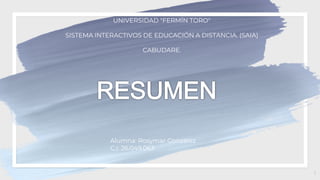 1
UNIVERSIDAD "FERMÍN TORO"
SISTEMA INTERACTIVOS DE EDUCACIÓN A DISTANCIA. (SAIA)
CABUDARE.
Alumna: Rosymar González
C.I: 26.049.063
 