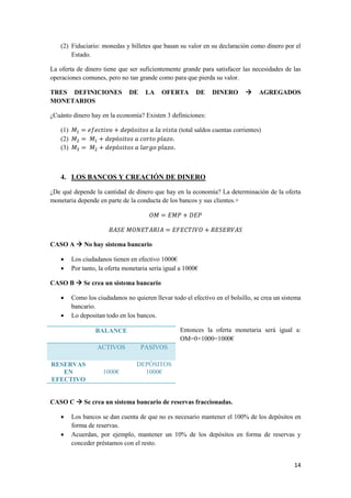 14
(2) Fiduciario: monedas y billetes que basan su valor en su declaración como dinero por el
Estado.
La oferta de dinero tiene que ser suficientemente grande para satisfacer las necesidades de las
operaciones comunes, pero no tan grande como para que pierda su valor.
TRES DEFINICIONES DE LA OFERTA DE DINERO  AGREGADOS
MONETARIOS
¿Cuánto dinero hay en la economía? Existen 3 definiciones:
(1) (total saldos cuentas corrientes)
(2)
(3)
4. LOS BANCOS Y CREACIÓN DE DINERO
¿De qué depende la cantidad de dinero que hay en la economía? La determinación de la oferta
monetaria depende en parte de la conducta de los bancos y sus clientes.+
CASO A  No hay sistema bancario
 Los ciudadanos tienen en efectivo 1000€
 Por tanto, la oferta monetaria sería igual a 1000€
CASO B  Se crea un sistema bancario
 Como los ciudadanos no quieren llevar todo el efectivo en el bolsillo, se crea un sistema
bancario.
 Lo depositan todo en los bancos.
Entonces la oferta monetaria será igual a:
OM=0+1000=1000€
CASO C  Se crea un sistema bancario de reservas fraccionadas.
 Los bancos se dan cuenta de que no es necesario mantener el 100% de los depósitos en
forma de reservas.
 Acuerdan, por ejemplo, mantener un 10% de los depósitos en forma de reservas y
conceder préstamos con el resto.
BALANCE
ACTIVOS PASIVOS
RESERVAS
EN
EFECTIVO
1000€
DEPÓSITOS
1000€
 