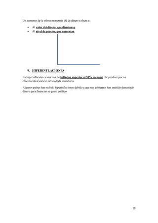 19
Un aumento de la oferta monetaria (Q de dinero) afecta a:
 Al valor del dinero que disminuye.
 Al nivel de precios, que aumentan.
9. HIPERINFLACIONES
La hiperinflación es una tasa de inflación superior al 50% mensual. Se produce por un
crecimiento excesivo de la oferta monetaria.
Algunos países han sufrido hiperinflaciones debido a que sus gobiernos han emitido demasiado
dinero para financiar su gasto público.
 