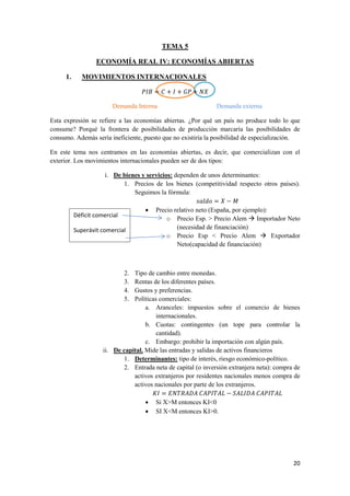 20
TEMA 5
ECONOMÍA REAL IV: ECONOMÍAS ABIERTAS
1. MOVIMIENTOS INTERNACIONALES
Demanda Interna Demanda externa
Esta expresión se refiere a las economías abiertas. ¿Por qué un país no produce todo lo que
consume? Porqué la frontera de posibilidades de producción marcaría las posibilidades de
consumo. Además sería ineficiente, puesto que no existiría la posibilidad de especialización.
En este tema nos centramos en las economías abiertas, es decir, que comercializan con el
exterior. Los movimientos internacionales pueden ser de dos tipos:
i. De bienes y servicios: dependen de unos determinantes:
1. Precios de los bienes (competitividad respecto otros países).
Seguimos la fórmula:
 Precio relativo neto (España, por ejemplo):
o Precio Esp. > Precio Alem  Importador Neto
(necesidad de financiación)
o Precio Esp < Precio Alem  Exportador
Neto(capacidad de financiación)
2. Tipo de cambio entre monedas.
3. Rentas de los diferentes países.
4. Gustos y preferencias.
5. Políticas comerciales:
a. Aranceles: impuestos sobre el comercio de bienes
internacionales.
b. Cuotas: contingentes (un tope para controlar la
cantidad).
c. Embargo: prohibir la importación con algún país.
ii. De capital. Mide las entradas y salidas de activos financieros
1. Determinantes: tipo de interés, riesgo económico-político.
2. Entrada neta de capital (o inversión extranjera neta): compra de
activos extranjeros por residentes nacionales menos compra de
activos nacionales por parte de los extranjeros.
 Si X>M entonces KI<0
 SI X<M entonces KI>0.
Déficit comercial
Superávit comercial
S
 