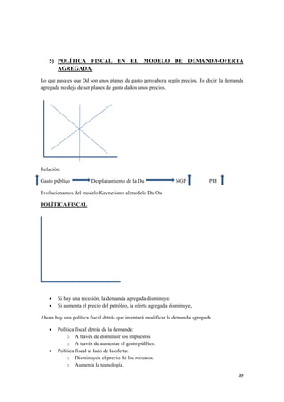 39
5) POLÍTICA FISCAL EN EL MODELO DE DEMANDA-OFERTA
AGREGADA.
Lo que pasa es que Dd son unos planes de gasto pero ahora según precios. Es decir, la demanda
agregada no deja de ser planes de gasto dados unos precios.
Relación:
Gasto público Desplazamiento de la Da NGP PIB
Evolucionamos del modelo Keynesiano al modelo Da-Oa.
POLÍTICA FISCAL
 Si hay una recesión, la demanda agregada disminuye.
 Si aumenta el precio del petróleo, la oferta agregada disminuye,
Ahora hay una política fiscal detrás que intentará modificar la demanda agregada.
 Política fiscal detrás de la demanda:
o A través de disminuir los impuestos
o A través de aumentar el gasto público.
 Política fiscal al lado de la oferta:
o Disminuyen el precio de los recursos.
o Aumenta la tecnología.
 