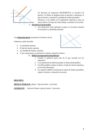 8
Un descenso de impuestos INCREMENTA el incentivo de
ahorrar. La Oferta se desplaza hacia la derecha y disminuye el
tipo de interés y aumenta la cantidad de fondos prestables.
Entonces, si un cambio en la legislación impositiva causa un
mayor ahorro, los tipos de interés bajan y aumenta la inversión.
ii. Incentivos a la inversión:
1. Una deducción fiscal aplicada al gasto en inversión aumenta
los incentivos a demandar prestado.
Una deducción fiscal incrementa el incentivo de las
Empresas a pedir prestado.
 La demanda aumenta.
 El tipo de interés aumenta.
 La cantidad de fondos, aumenta.
 Y por consecuencia, al aumentar el interés, aumenta el ahorro.
iii. Déficit presupuestario del gobierno:
1. Cuando el gobierno gasta más de lo que recauda con los
impuestos.
2. La acumulación de déficits pasados se llama deuda pública.
3. Un déficit público reduce el ahorro, el tipo de interés aumenta y
la inversión disminuye
4. Un superávit público incrementa la oferta de fondos prestables,
reduce el interés y estimula la inversión.
RESUMEN:
DÉFICIT PÚBLICO:↓ahorro ↑tipo de interés ↓inversión
SUPERÁVIT: ↑oferta de fondos ↓tipo de interés ↑inversión.
 