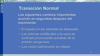 1-4
Transición Normal
• El líquido en los alvéolos es absorvido
• Las arterias umbilicales y la vena se
contraen provocando aumento de la
presión sanguínea.
• Los vasos pulmonares se relajan
Los siguientes cambios importantes
ocurren en segundos después del
nacimiento:
 