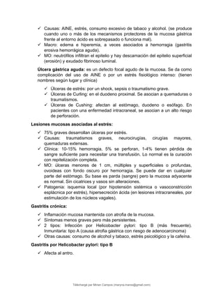  Causas: AINE, estrés, consumo excesivo de tabaco y alcohol. (se produce
cuando uno o más de los mecanismos protectores de la mucosa gástrica
frente al entorno ácido es sobrepasado o funciona mal).
 Macro: edema e hiperemia, a veces asociados a hemorragia (gastritis
erosiva hemorrágica aguda).
 MO: neutrófilos infiltran el epitelio y hay descamación del epitelio superficial
(erosión) y exudado fibrinoso luminal.
Úlcera gástrica aguda: es un defecto focal agudo de la mucosa. Se da como
complicación del uso de AINE o por un estrés fisiológico intenso: (tienen
nombres según lugar y clínica)
 Úlceras de estrés: por un shock, sepsis o traumatismo grave.
 Úlceras de Curling: en el duodeno proximal. Se asocian a quemaduras o
traumatismos.
 Úlceras de Cushing: afectan al estómago, duodeno o esófago. En
pacientes con una enfermedad intracraneal, se asocian a un alto riesgo
de perforación.
Lesiones mucosas asociadas al estrés:
 75% graves desarrollan úlceras por estrés.
 Causas: traumatismos graves, neurocirugías, cirugías mayores,
quemaduras extensas.
 Clínica: 10-15% hemorragia, 5% se perforan, 1-4% tienen pérdida de
sangre suficiente para necesitar una transfusión. Lo normal es la curación
con repitelización completa.
 MO: úlceras menores de 1 cm, múltiples y superficiales o profundas,
ovoideas con fondo oscuro por hemorragia. Se puede dar en cualquier
parte del estómago. Su base es parda (sangre) pero la mucosa adyacente
es normal. Sin cicatrices y vasos sin alteraciones.
 Patogenia: isquemia local (por hipotensión sistémica o vasoconstricción
esplácnica por estrés), hipersecreción ácida (en lesiones intracraneales, por
estimulación de los núcleos vagales).
Gastritis crónica:
 Inflamación mucosa mantenida con atrofia de la mucosa.
 Síntomas menos graves pero más persistentes.
 2 tipos: Infección por Helicobacter pylori: tipo B (más frecuente).
Inmunitaria: tipo A (causa atrofia gástrica con riesgo de adenocarcinoma)
 Otras causas: consumo de alcohol y tabaco, estrés psicológico y la cafeína.
Gastritis por Helicobacter pylori: tipo B
 Afecta al antro.
Téléchargé par Mirian Campos (maryna.marxs@gmail.com)
lOMoARcPSD|1206238
 