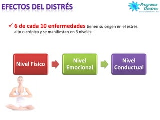  6 de cada 10 enfermedades tienen su origen en el estrés
alto o crónico y se manifiestan en 3 niveles:
Nivel Físico
Nivel
Emocional
Nivel
Conductual