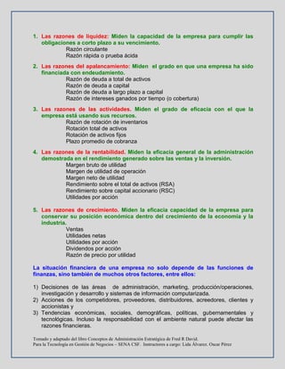 Tomado y adaptado del libro Conceptos de Administración Estratégica de Fred R David.
Para la Tecnología en Gestión de Negocios – SENA CSF. Instructores a cargo: Lida Álvarez. Oscar Pérez
1. Las razones de liquidez: Miden la capacidad de la empresa para cumplir las
obligaciones a corto plazo a su vencimiento.
Razón circulante
Razón rápida o prueba ácida
2. Las razones del apalancamiento: Miden el grado en que una empresa ha sido
financiada con endeudamiento.
Razón de deuda a total de activos
Razón de deuda a capital
Razón de deuda a largo plazo a capital
Razón de intereses ganados por tiempo (o cobertura)
3. Las razones de las actividades. Miden el grado de eficacia con el que la
empresa está usando sus recursos.
Razón de rotación de inventarios
Rotación total de activos
Rotación de activos fijos
Plazo promedio de cobranza
4. Las razones de la rentabilidad. Miden la eficacia general de la administración
demostrada en el rendimiento generado sobre las ventas y la inversión.
Margen bruto de utilidad
Margen de utilidad de operación
Margen neto de utilidad
Rendimiento sobre el total de activos (RSA)
Rendimiento sobre capital accionario (RSC)
Utilidades por acción
5. Las razones de crecimiento. Miden la eficacia capacidad de la empresa para
conservar su posición económica dentro del crecimiento de la economía y la
industria.
Ventas
Utilidades netas
Utilidades por acción
Dividendos por acción
Razón de precio por utilidad
La situación financiera de una empresa no solo depende de las funciones de
finanzas, sino también de muchos otros factores, entre ellos:
1) Decisiones de las áreas de administración, marketing, producción/operaciones,
investigación y desarrollo y sistemas de información computarizada.
2) Acciones de los competidores, proveedores, distribuidores, acreedores, clientes y
accionistas y
3) Tendencias económicas, sociales, demográficas, políticas, gubernamentales y
tecnológicas. Incluso la responsabilidad con el ambiente natural puede afectar las
razones financieras.
 