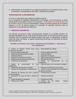 Tomado y adaptado del libro Conceptos de Administración Estratégica de Fred R David.
Para la Tecnología en Gestión de Negocios – SENA CSF. Instructores a cargo: Lida Álvarez. Oscar Pérez
5 Jerarquizados en el sentido de que algunos pertenecen a la compañía entera y otros
se enfocarán concretamente a las áreas o divisiones funcionales
TECNOLOGIA DE LA INFORMACION
La TI es un instrumento para realizar la auditoría externa.
Con el propósito de capitalizar debidamente la tecnología de la información se están
construyendo dos puestos nuevos en la empresa: el DI Director de Información y el
DT director técnico. El DI es administrador, maneja el proceso general de la auditoría
externa y el DT es técnico porqué se concentra en aspectos técnicos como la
adquisición y procesamiento de datos etc.
1 FUERZAS ECONOMICAS:
Los factores económicos tienen consecuencias directas en el posible atractivo de
diversas estrategias: Por Je: si las tasas de interés suben, en tal caso los fondos que se
necesitan para la expansión del capital resultan más caros e inasequibles. Conforme
suben las tasas de interés, el ingreso discrecional disminuye y la demanda de bienes
discrecionales cae.
Variables económicas que suelen representar oportunidades y amenazas en
una organización
 Cambio de Estados Unidos hacia una
economía de servicios
 Disponibilidad de créditos
 Nivel de ingresos disponible  Nivel de ingreso disponible
 Propensión de las personas a gastar  Tasas de interés
 Tasas de inflación  Economías de escala
 Tasas de los mercados de dinero  Déficit presupuestal del gobierno
 Tendencia del producto nacional bruto  Patrones de consumo
 Tendencias del desempleo  Niveles de productividad de los
trabajadores
 Niveles de productividad de los
trabajadores
 Valor del dólar en los mercados mundiales
 Tendencias del mercado de calores  Situación económica de otros países
 Factores de importaciones / exportaciones  Cambio en las demandas de las categorías
de bienes y servicios
 Diferencia de ingresos por zona y grupos
de consumidores.
 Fluctuaciones de precios
 Exportación de mano de obra y capital de
USA
 Políticas monetarias
 Tasas impositivas o impuestos  Políticas de la CEE
 Políticas de la OPEP  políticas de los países menos
desarrollados PMD
 