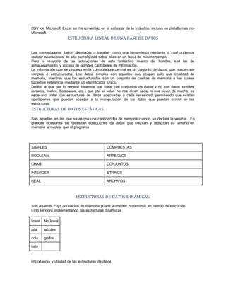 CSV de Microsoft Excel se ha convertido en el estándar de la industria, incluso en plataformas no-
Microsoft.
ESTRUCTURA LINEAL DE UNA BASE DE DATOS
Las computadoras fueron diseñadas o ideadas como una herramienta mediante la cual podemos
realizar operaciones de alta complejidad sobre ellas en un lapso de mínimo tiempo.
Pero la mayoría de las aplicaciones de este fantástico invento del hombre, son las de
almacenamiento y acceso de grandes cantidades de información.
La información que se procesa en la computadora central es un conjunto de datos, que pueden ser
simples o estructurados. Los datos simples son aquellos que ocupan sólo una localidad de
memoria, mientras que los estructurados son un conjunto de casillas de memoria a las cuales
hacemos referencia mediante un identificador único.
Debido a que por lo general tenemos que tratar con conjuntos de datos y no con datos simples
(enteros, reales, booleanos, etc.) que por sí solos no nos dicen nada, ni nos sirven de mucho, es
necesario tratar con estructuras de datos adecuadas a cada necesidad, permitiendo que existan
operaciones que puedan acceder a la manipulación de los datos que puedan existir en las
estructuras.
ESTRUCTURAS DE DATOS ESTÁTICAS.
Son aquellas en las que se asigna una cantidad fija de memoria cuando se declara la variable. En
grandes ocasiones se necesitan colecciones de datos que crezcan y reduzcan su tamaño en
memoria a medida que el programa
SIMPLES COMPUESTAS
BOOLEAN ARREGLOS
CHAR CONJUNTOS
INTERGER STRINGS
REAL ARCHIVOS
ESTRUCTURAS DE DATOS DINÁMICAS.
Son aquellas cuya ocupación en memoria puede aumentar o disminuir en tiempo de ejecución.
Esto se logra implementando las estructuras dinámicas.
lineal No lineal
pila arboles
cola grafos
lista
Importancia y utilidad de las estructuras de datos.
 