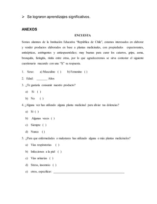  Se lograron aprendizajes significativos.
ANEXOS
ENCUESTA
Somos alumnos de la Institución Educativa “República de Chile”, estamos interesados en elaborar
y vender productos elaborados en base a plantas medicinales, con propiedades expectorantes,
antisépticas, astringentes y antiespasmódico; muy buenas para curar los catarros, gripe, asma,
bronquitis, faringitis, rinitis entre otras, por lo que agradeceremos se sirva contestar el siguiente
cuestionario macando con una “X” su respuesta.
1. Sexo: a) Masculino ( ) b) Femenino ( )
2. Edad: _______ Años
3. ¿Te gustaría consumir nuestro producto?
a) Si ( )
b) No ( )
4. ¿Alguna vez has utilizado alguna planta medicinal para aliviar tus dolencias?
a) Si ( )
b) Algunas veces ( )
c) Siempre ( )
d) Nunca ( )
5. ¿Para que enfermedades o malestares has utilizado alguna o más plantas medicinales?
a) Vías respiratorias ( )
b) Infecciones a la piel ( )
c) Vías urinarias ( )
d) Stress, insomnio ( )
e) otros, especificar: ______________________________________________
 
