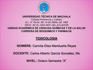UNIVERSIDAD TÉCNICA DE MACHALA
“Calidad Pertinencia y Calidez”
D.L. N° 69-04, DE 14 DE ABRIL DE 1969
PROV. DE EL ORO-REP. DEL ECUADOR
UNIDAD ACADÉMICA DE CIENCIAS QUÍMICAS Y DE LA SALUD
CARRERA DE BIOQUÍMICA Y FARMACIA
TOXICOLOGIA
NOMBRE: Carmita Elisa Maridueña Reyes
DOCENTE: Carlos Alberto García González, Ms
NIVEL: Octavo Semestre “A”
 