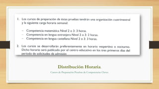Distribución Horaria.
Cursos de Preparación Pruebas de Competencias Claves.
 
