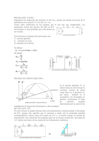 PRUEBA DEL VACÍO.-
Impedancia de dispersión del primario Z1=RO+JxO, siendo esta ultima la inversa de la
admitancia de excitación YO=GO-JbO; Z1<<ZO
Existe sobre mediciones de los equipos, por lo que hay que compensarlo. Las
mediciones tienen que hacerse del lado de B.T.
Sus lecturas es muy probable que estén dentro de
sus escalas.
Si las lecturas corregidas del instrumento son:
V1: tensión aplicada
I0: corriente en vacío
P0: pérdidas en el núcleo
Se deduce:
0
2
00010 )( RICOSIVP == θ
De donde:
2
0
2
0
0
0
2
0
2
0
0
0
000
2
0
0
0
)(
XR
X
B
XR
R
G
tgRX
I
P
R
+
=
+
=
=
=
θ
PRUEBA EN CORTO CIRCUITO.-
Si la tensión aplicada V1 se
reduce hasta un valor tal que la
corriente normal de plena
carga fluya en el primario (y,
por tanto, también en el
secundario), los devanados no
podrían recalentarse. El flujo
de corriente quedara
determinado por la suma de las
impedancias de dispersión del primario y del secundario
(R1+R2)+j(X1+X2)
El corto circuito se puede efectuar más convenientemente cortocircuitando el devanado
de B.T., porque ello significa que la corriente a medir será la moderada cantidad
correspondiente a plena carga en la parte de A.T. y, al mismo tiempo, la tensión de
alimentación será solamente una pequeña parte de la tensión normal del devanado de
A.T. dentro, por tanto, de las escalas de los instrumentos ordinarios.
14
 