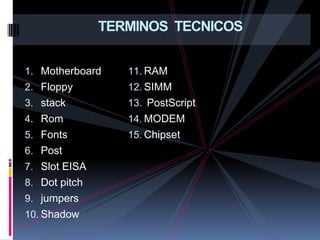 TERMINOS  TECNICOSMotherboardFloppystackRomFontsPostSlot EISADot pitchjumpersShadowRAMSIMM PostScriptMODEMChipset