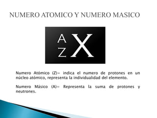 Numero Atómico (Z)= indica el numero de protones en un
núcleo atómico, representa la individualidad del elemento.
Numero Másico (A)= Representa la suma de protones y
neutrones.