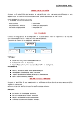 Consiste en la subdivisión de tareas y
organización, así como en la creación de normas para el desempeño de esas tareas.
TIPOS DE DEPARTAMENTALIZACIÓN
* Por funciones
* Por productos o servicios
* Por ubicación geográfica
Consiste en la agrupación de los empleados de acuerdo con sus áreas de experiencia y los recursos
que necesitan para llevar a cabo una serie común de tareas.
Aplicación: Es común en las empresas
VENTAJAS
• Promueve la especialización de habilidades.
• Centraliza la toma de decisiones.
• Es el reflejo de las funciones que se desarrollan en la empresa.
DESVENTAJAS
• Reduce la comunicación entre departamentos.
• Se reduce la coordinación en
• Toda la responsabilidad final reside en la alta dirección.
• Lenta adaptación a los cambios.
Consiste en la división de una organización en unidades, donde se diseña, produce y comercializa
sus bienes o servicios.
Aplica en empresas fabricantes de diversas líneas de productos.
VENTAJAS
• Focaliza la acción sobre el producto.
• Facilita la especialización por producto.
• Mejora la coordinación de las funciones.
• Aumenta la diversificación de la empresa.
JULIAN VARGAS
DEPARTAMENTALIZACIÓN
Consiste en la subdivisión de tareas y la asignación de éstas a grupos especializados en una
organización, así como en la creación de normas para el desempeño de esas tareas.
TIPOS DE DEPARTAMENTALIZACIÓN
* Por clientes
* Por etapas del proceso
* Por proyectos
POR FUNCIONES
Consiste en la agrupación de los empleados de acuerdo con sus áreas de experiencia y los recursos
que necesitan para llevar a cabo una serie común de tareas.
Aplicación: Es común en las empresas industriales.
Promueve la especialización de habilidades.
Centraliza la toma de decisiones.
Es el reflejo de las funciones que se desarrollan en la empresa.
Reduce la comunicación entre departamentos.
Se reduce la coordinación entre funciones.
Toda la responsabilidad final reside en la alta dirección.
Lenta adaptación a los cambios.
POR PRODUCTOS O SERVICIOS
Consiste en la división de una organización en unidades, donde se diseña, produce y comercializa
Aplica en empresas fabricantes de diversas líneas de productos.
Focaliza la acción sobre el producto.
Facilita la especialización por producto.
Mejora la coordinación de las funciones.
Aumenta la diversificación de la empresa.
JULIAN VARGAS - FIUNA
la asignación de éstas a grupos especializados en una
organización, así como en la creación de normas para el desempeño de esas tareas.
Consiste en la agrupación de los empleados de acuerdo con sus áreas de experiencia y los recursos
Consiste en la división de una organización en unidades, donde se diseña, produce y comercializa
 