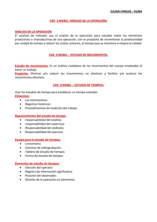 JULIAN VARGAS - FIUNA
CAP. 3 NIEBEL- ANÁLISIS DE LA OPERACIÓN:
ANÁLISIS DE LA OPERACIÓN
El analista de métodos usa el análisis de la operación para estudiar todos los elementos
productivos e improductivos de una operación, con el propósito de incrementar la productividad
por unidad de tiempo y reducir los costos unitarios, al tiempo que se mantiene o mejora la calidad.
CAP. 4 NIEBEL – ESTUDIO DE MOVIMIENTOS:
Estudio de movimientos: Es un análisis cuidadoso de los movimientos del cuerpo empleados al
hacer un trabajo.
Propósito: Eliminar y/o reducir los movimientos no efectivos y facilitar y/o acelerar los
movimientos efectivos.
CAP. 9 NIEBEL – ESTUDIO DE TIEMPOS:
Usar los estudios de tiempo para establecer un tiempo estándar.
Elementos:
• -Las estimaciones.
• -Registros históricos
• -Procedimientos de medición del trabajo.
Requerimientos del estudio de tiempo:
• -responsabilidad del analista.
• -responsabilidad del supervisor
• -Responsabilidad del sindicato.
• -Responsabilidad del operario.
Equipo para el estudio de tiempos:
• -cronometro
• -Cámaras de videograbación.
• -Tablero de estudio de tiempos
• -Forma de estudio de tiempos
Elementos de estudio de tiempos:
• -Elección del operario
• -Registro de información significativa.
• -Posición del observador.
• -División de la operación en elementos.
 
