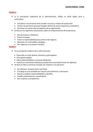 JULIAN VARGAS - FIUNA
TEORÍA X
Es la concepción tradicional de la administración, refleja un estilo rígido, duro y
autocrático:
• Considera a las personas como simples recursos o medios de producción.
• Limita a las personas para que trabajen dentro de ciertos esquemas y estándares.
• Se toman en cuenta solo los objetivos de la organización.
Se basa en las siguientes convicciones sobre el comportamiento de las personas:
• Son perezosas e indolentes.
• Evitan el trabajo.
• Evitan la responsabilidad para sentirse más seguras.
• Necesitan ser controladas y dirigidas.
• Son ingenuas y no poseen iniciativa.
TEORÍA Y
Es la concepción moderna de la administración:
• Desarrolla un estilo abierto, dinámico y participativo.
• Crea oportunidades.
• Libera potencialidades y remueve obstáculos.
• Impulsa el crecimiento individual y proporciona orientación hacia los objetivos.
Se basa en ideas y premisas actuales con respecto a las personas:
• Se esfuerzan, les gusta tener que hacer.
• El trabajo es una actividad tan natural como divertirse o descansar.
• Buscan y aceptan responsabilidades y desafíos.
• Pueden automotivarse y autodirigirse.
• Son creativas y competentes.
 