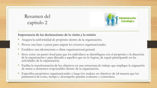 Resumen del
capitulo 2
Importancia de las declaraciones de la visión y la misión
• Asegura la uniformidad de propósito dentro de la organización.
• Provee una base o pauta para asignar los recursos organizacionales.
• Establece una idiosincrasia o clima organizacional general.
• Sirve como un punto focal para que los individuos se identifiquen con el propósito y la dirección
de la organización y para disuadir a aquellos que no lo logren, de seguir participando en las
actividades de la organización.
• Facilita la transformación de los objetivos en una estructura de trabajo que implique la asignación
de tareas a elementos responsables dentro de la organización.
• Especifica propósitos organizacionales y luego los traduce en objetivos de tal manera que los
parámetros de costo, tiempo y desempeño puedan evaluarse y controlarse.
 