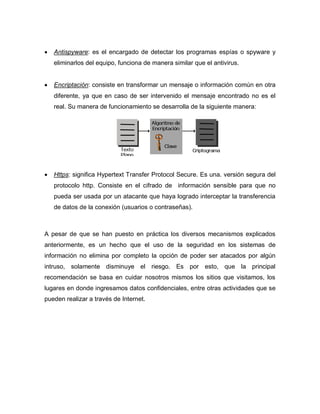    Antispyware: es el encargado de detectar los programas espías o spyware y
    eliminarlos del equipo, funciona de manera similar que el antivirus.


   Encriptación: consiste en transformar un mensaje o información común en otra
    diferente, ya que en caso de ser intervenido el mensaje encontrado no es el
    real. Su manera de funcionamiento se desarrolla de la siguiente manera:




   Https: significa Hypertext Transfer Protocol Secure. Es una. versión segura del
    protocolo http. Consiste en el cifrado de información sensible para que no
    pueda ser usada por un atacante que haya logrado interceptar la transferencia
    de datos de la conexión (usuarios o contraseñas).



A pesar de que se han puesto en práctica los diversos mecanismos explicados
anteriormente, es un hecho que el uso de la seguridad en los sistemas de
información no elimina por completo la opción de poder ser atacados por algún
intruso, solamente disminuye el riesgo. Es por esto, que la principal
recomendación se basa en cuidar nosotros mismos los sitios que visitamos, los
lugares en donde ingresamos datos confidenciales, entre otras actividades que se
pueden realizar a través de Internet.
 