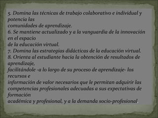 5. Domina las técnicas de trabajo colaborativo e individual y potencia las comunidades de aprendizaje. 6. Se mantiene actualizado y a la vanguardia de la innovación en el espacio de la educación virtual. 7. Domina las estrategias didácticas de la educación virtual. 8. Orienta al estudiante hacia la obtención de resultados de aprendizaje, facilitándole -a lo largo de su proceso de aprendizaje- los recursos e información de valor necesarios que le permitan adquirir las competencias profesionales adecuadas a sus expectativas de formación académica y profesional, y a la demanda socio-profesional . 