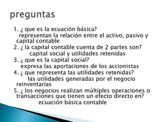 1. ¿ que es la ecuación básica?
  representan la relación entre el activo, pasivo y
 capital contable
2. ¿ la capital contable cuenta de 2 partes son?
       capital social y utilidades retenidas
3. ¿ que es la capital social?
   expresa las aportaciones de los accionistas
4. ¿ que representa las utilidades retenidas?
      las utilidades generadas por el negocio
 reinventarías
5. ¿ los negocios realizan múltiples operaciones o
 transacciones que tienen un efecto directo en?
          ecuación básica contable
 