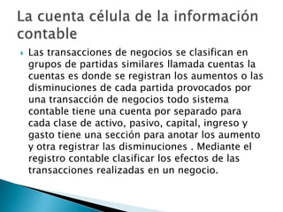    Las transacciones de negocios se clasifican en
    grupos de partidas similares llamada cuentas la
    cuentas es donde se registran los aumentos o las
    disminuciones de cada partida provocados por
    una transacción de negocios todo sistema
    contable tiene una cuenta por separado para
    cada clase de activo, pasivo, capital, ingreso y
    gasto tiene una sección para anotar los aumento
    y otra registrar las disminuciones . Mediante el
    registro contable clasificar los efectos de las
    transacciones realizadas en un negocio.
 